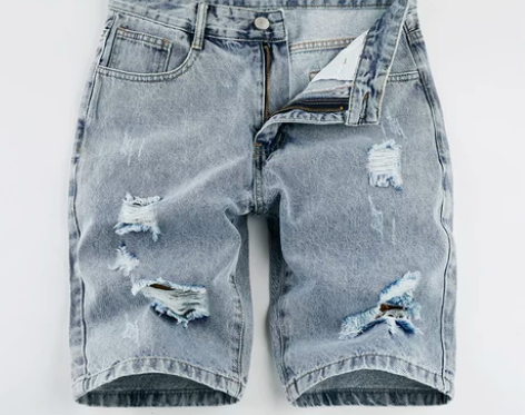 短裤裤子爱蓝欧男士牛仔短裤男破洞宽松直筒休...