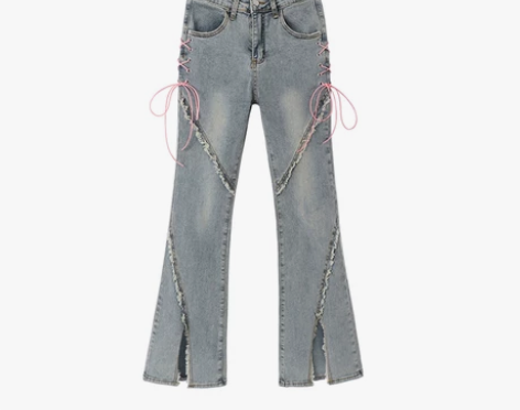 辣妹微喇裤女阔腿裤高腰显瘦开叉牛仔裤绑带 ...