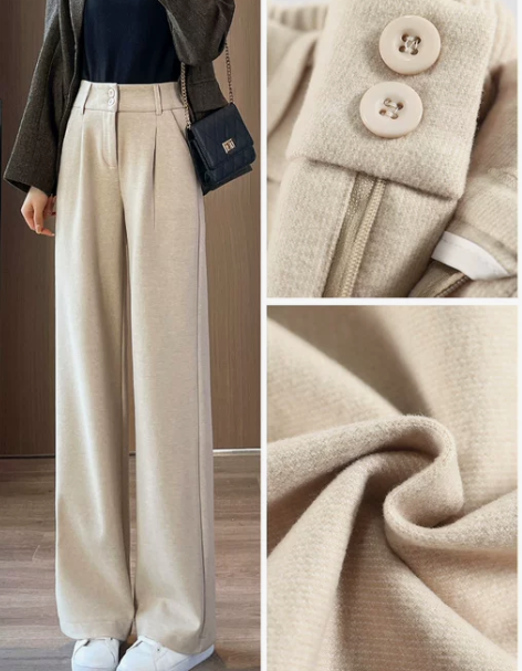 拉夏贝尔毛呢阔腿裤女秋冬新款直筒宽松高腰垂...