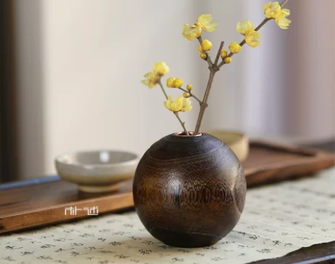 日式烧桐木花瓶 实木花插 木质花瓶摆件 台...