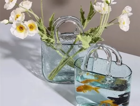 家居网红创意透明玻璃手提包包花瓶摆件客厅插...