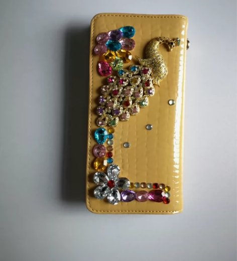 杏色二层牛皮女士长款钱包水晶镶钻手拿包零钱...