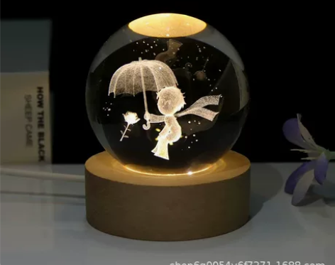 创意3D激光内雕水晶球男女朋友卧室小夜灯发...