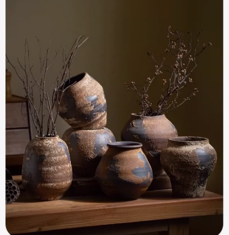 景德镇侘寂风复古粗陶花瓶摆件酒店民宿售楼软...