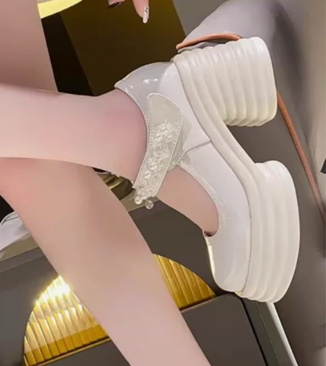 厚底白色玛丽珍鞋女法式夏季小皮鞋粗跟婚纱神...