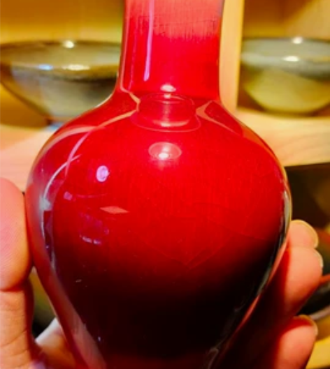 景德镇朗红原矿釉花瓶全新 拉丝开片漂亮的！...