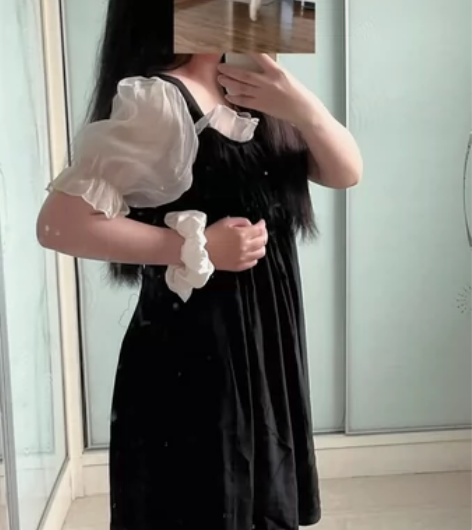 法式拼接泡泡袖方领收腰短袖连衣裙小众设计感...