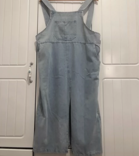 宽松气质全棉背带裙水洗质感浅蓝色前开衩背带...