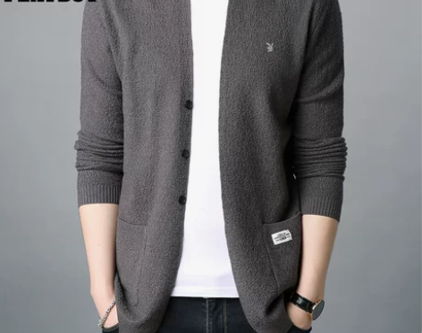 花花公子男士开衫春秋季V领针织打底衫纯色修...