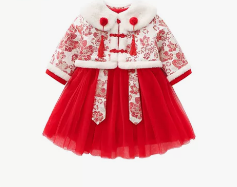 汉服女童连衣裙冬装洋气女宝宝拜年服中国风唐...