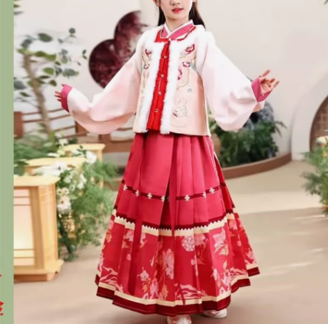 汉服儿童女超仙比甲国风女童交领上袄绣花百褶...