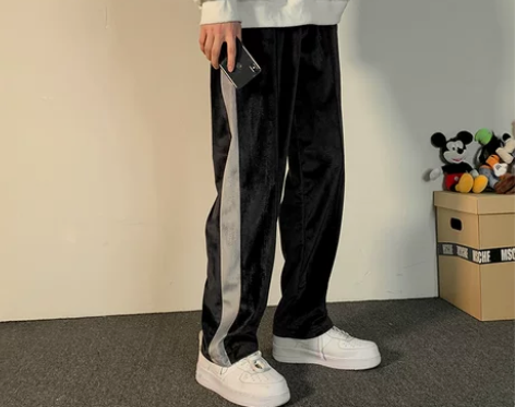 高街拖地金丝绒厚款运动裤男秋冬加肥加大码潮...