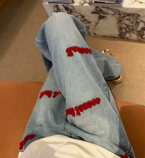 ?美式复古高腰刺绣牛仔裤女秋冬新款胖妹妹m...