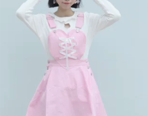 独家定制 日系少女软萌爱心绑带马卡龙色背带...