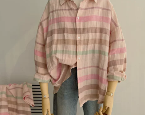 定制高级面料 砂洗亚麻+棉色织条纹翻领衬衫...