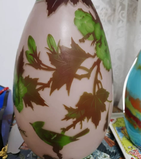 中古galle法国加莱花鸟粉色大瓶。 粉色...