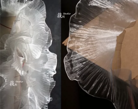 透明荷叶边波浪大花边立体百褶白色透视婚纱礼...