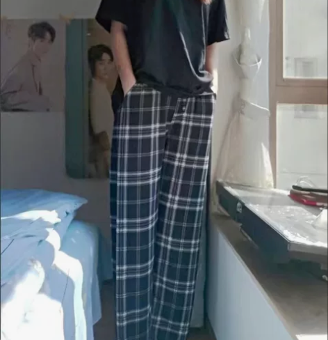 网红设计感黑白格子裤子女春秋季韩版阔腿休闲...