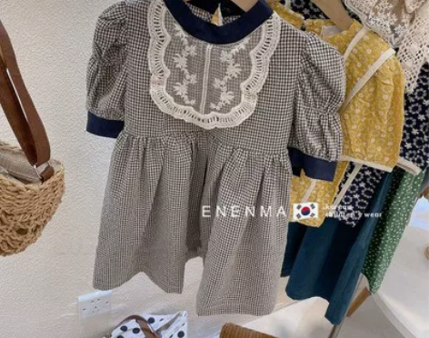 韩国童装2021夏季款女童蕾丝复古拼接田园...