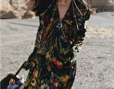 麦叙原创夜来香复古法式气质金丝绒时髦印花V...