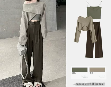 包邮 秋冬季女装搭配一整套微胖梨形身材盐系...