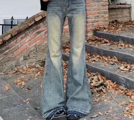 全新美式复古微喇叭牛仔裤2023年新款女低...