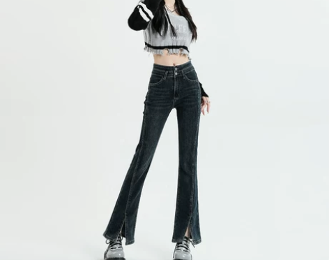 高腰开叉微喇牛仔裤女秋冬复古修身显瘦显高弹...