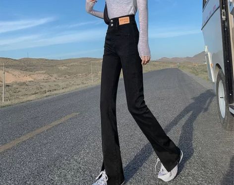 开叉微喇叭牛仔裤女2021年秋装新款高腰显...