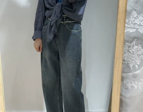 （一颗桃子）复古做旧毛边高腰直筒牛仔长裤春...