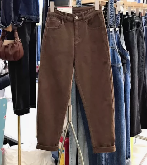 加绒加厚咖色牛仔裤女 2024冬新款高腰宽...