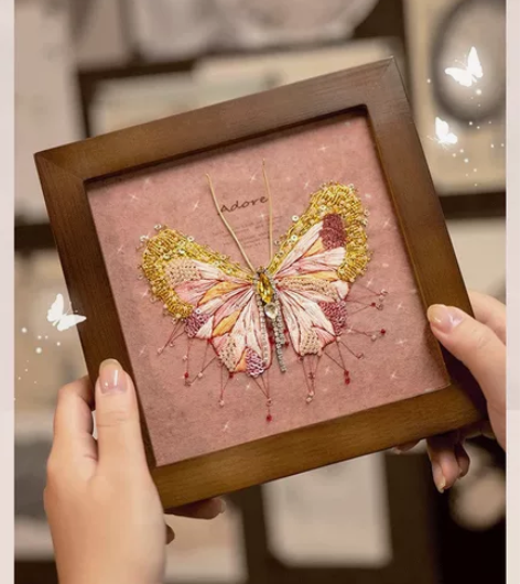 放羊班法式刺绣手工diy材料包蝴蝶珠绣相框...