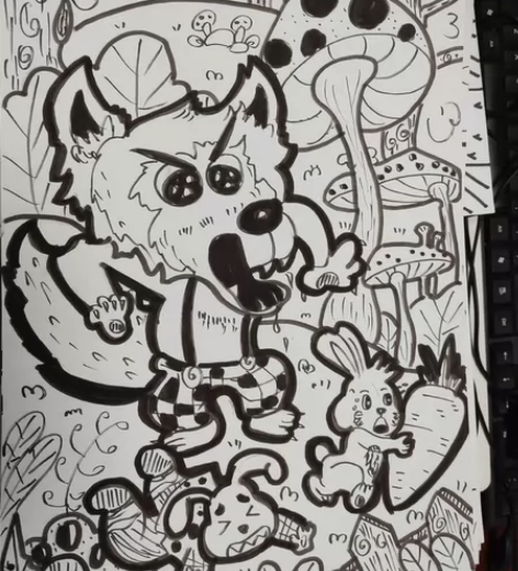 儿童画,情景简笔画,8开,小白兔与大灰狼,...