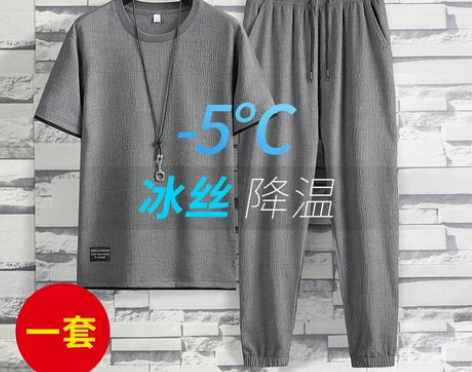 冰丝短袖t恤男士春夏季仿亚麻速干运动套装休...