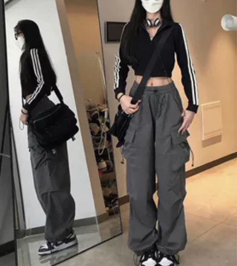 美式复古hiphop宽松直筒工装裤夏季女高...