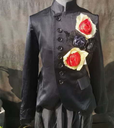 M码工匠品质真丝麻缎先锋立体花朵蔷薇立领暗...