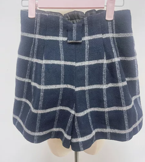 #毛呢裤子 ByeBye深蓝色格子冬季保暖...