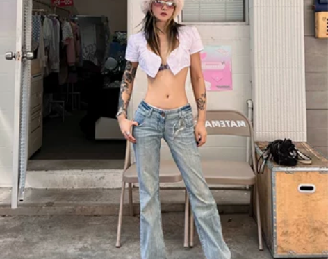 辣妹大长腿复古美式做旧低腰微喇牛仔裤修身显...