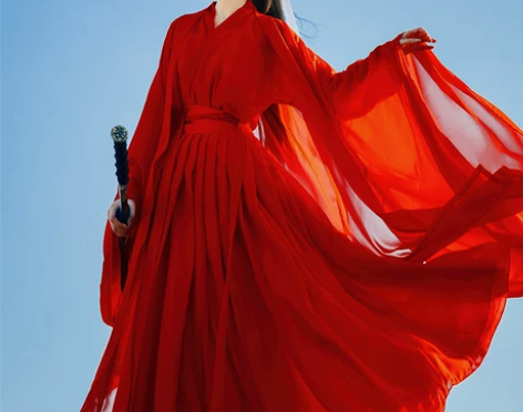 【租】女红色武侠古装魏晋风广袖流仙裙交领连...