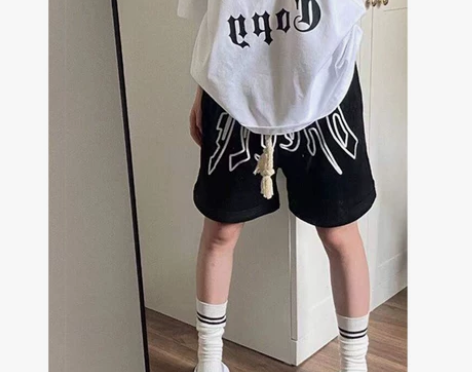 国潮牌美式发泡黑色短裤女夏季宽松五分裤子高...