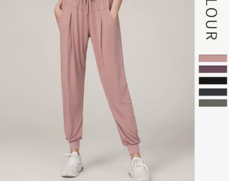 秋冬速干运动裤女宽松束脚高腰跑步健身口袋高...