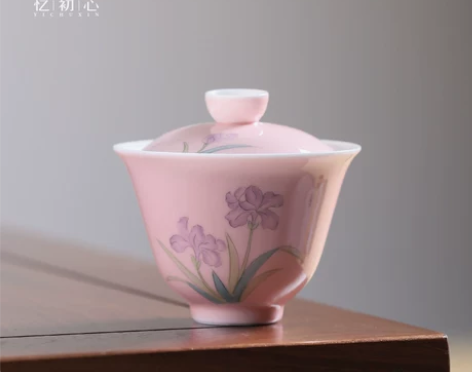 景德镇手绘玉兰花盖碗茶杯功夫茶具薄胎陶瓷粉...