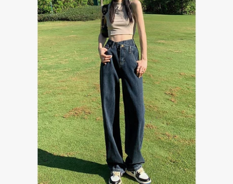 小个子高腰直筒牛仔裤女宽松显瘦大码拖地阔腿...