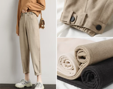 加绒高腰毛呢裤子女春秋2022新款宽松休闲...