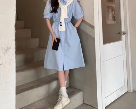 法式撞色POLO领披肩连衣裙女2023夏季...