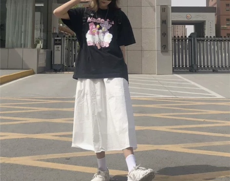 日式工装半身裙女白色中长款日系复古学生伞裙...
