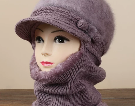 中老年人帽子女秋冬季妈妈兔毛一体围脖帽奶奶...