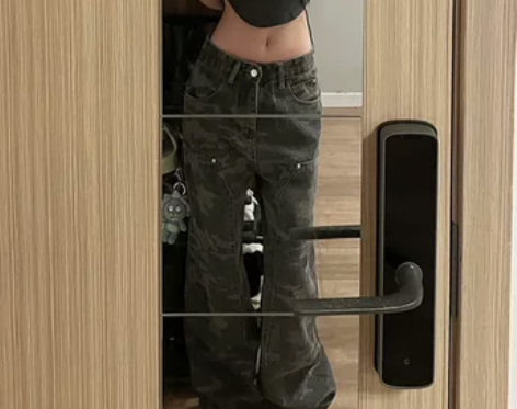 迷彩工装裤女冬季宽松复古美式vibe风阔腿...