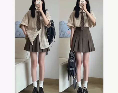 学院风条纹衬衣百褶裙套装 裙子.领带.衬衣...