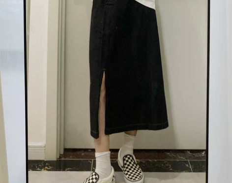 恐龙AUNT INS复古风梨型黑色开衩牛仔...