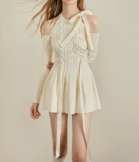 AYF 系带针织芭蕾风连衣裙 秋季法式复古...